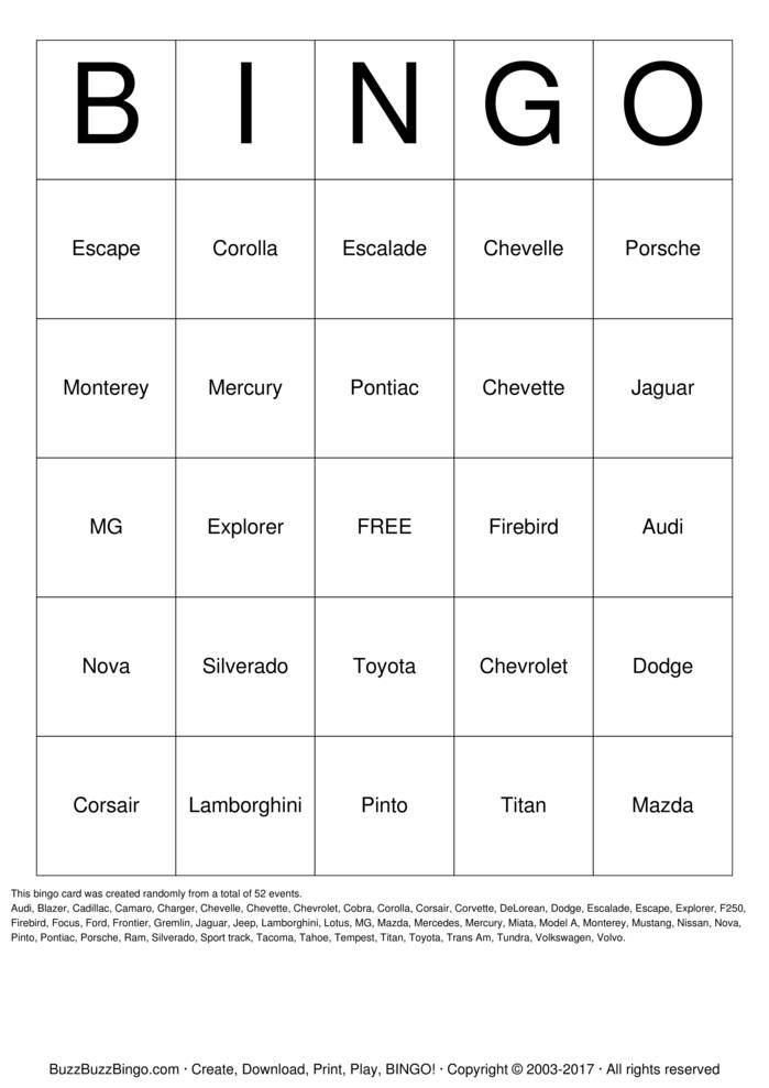 Bingo Cards Printable Free Model A Ford
