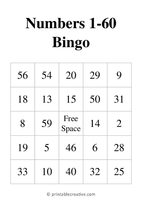 Bingo Cards Printable Free 1-60